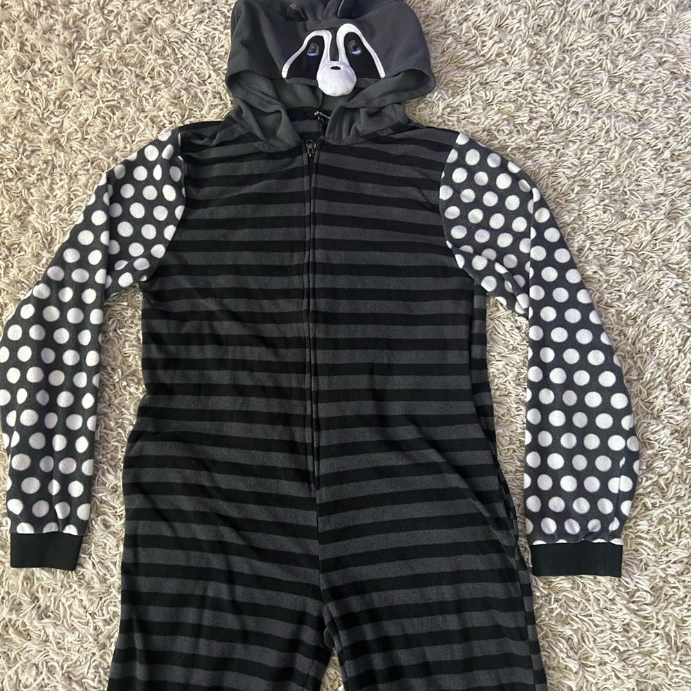 Black and Gray Striped & Polka Dot Animal Onesie with Pockets Sz XL
